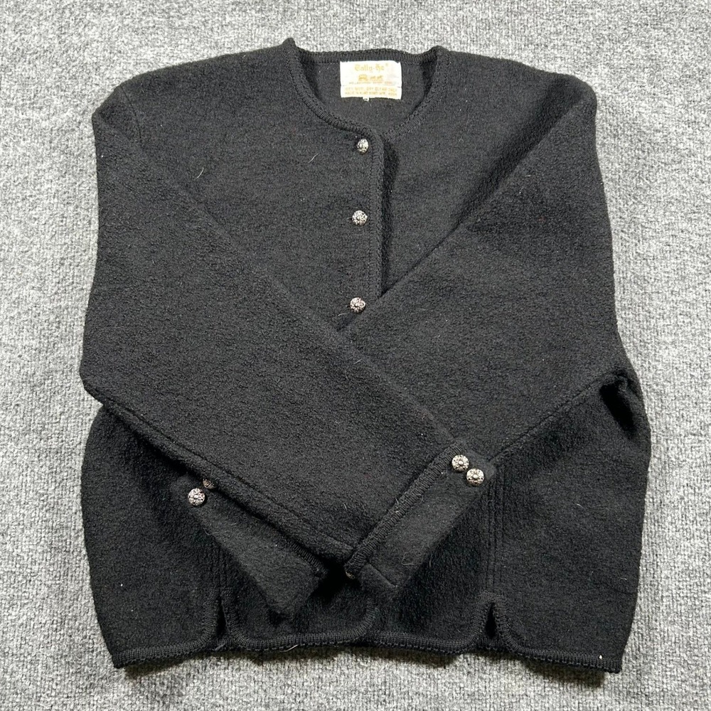 Tally-Ho Cardigan Womens Size L Black Wool Vintage Ornate Button Boiled Sweater